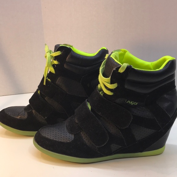 Sugar Black & Lime Green Wedge Sneakers Size 8.5 - Picture 3 of 8